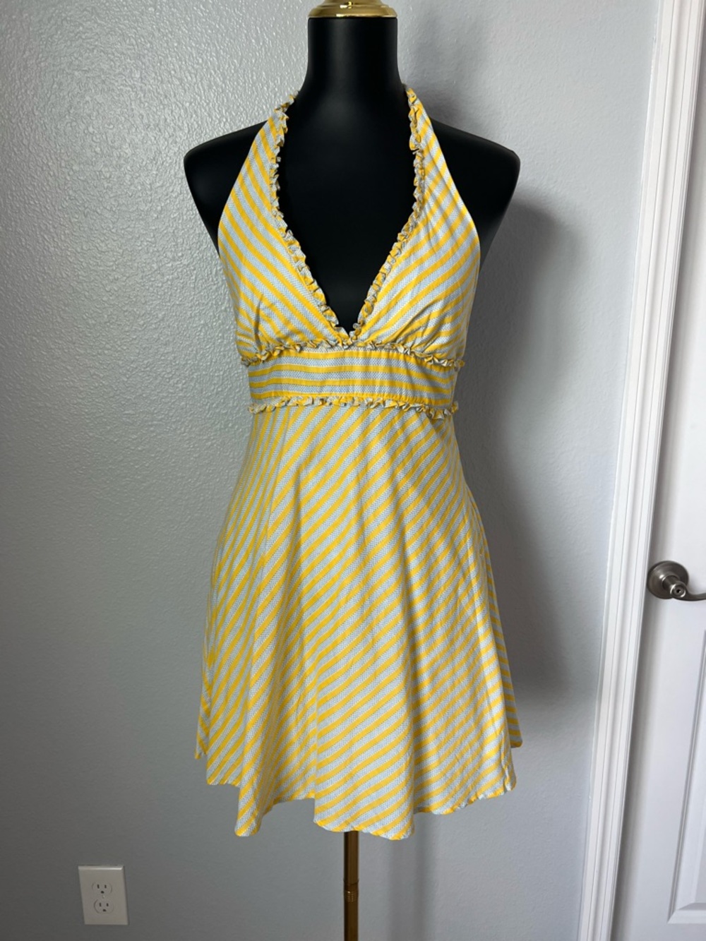 Forever 21 Yellow and White Striped Halter Dress with Blue Dot Trim